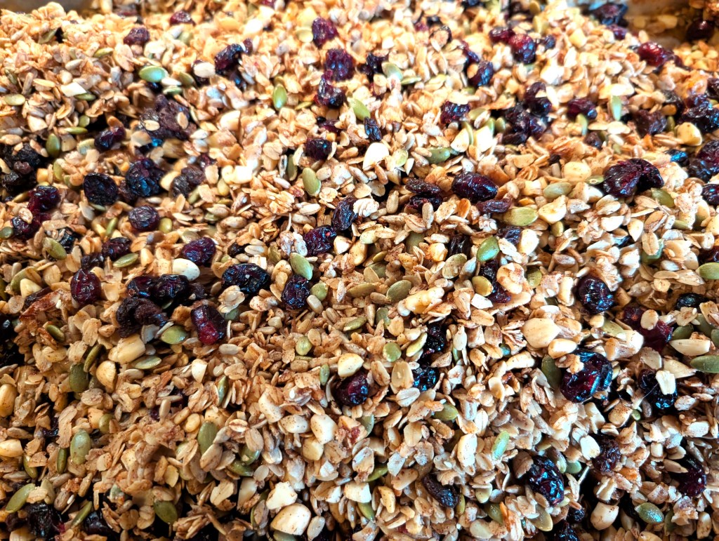 closeup shot of the granola in the pan after baking and adding the dried raisins and cranberries
