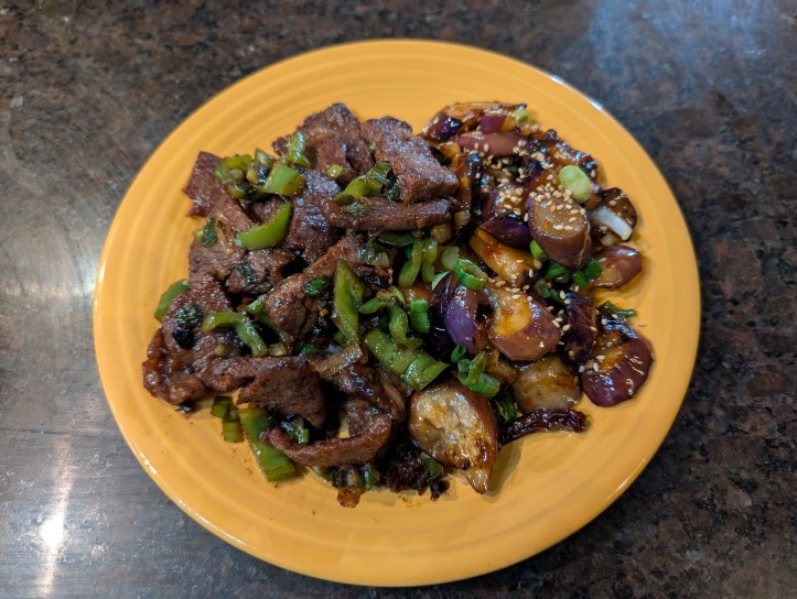 Twice-cooked beef and Szechuan eggplant