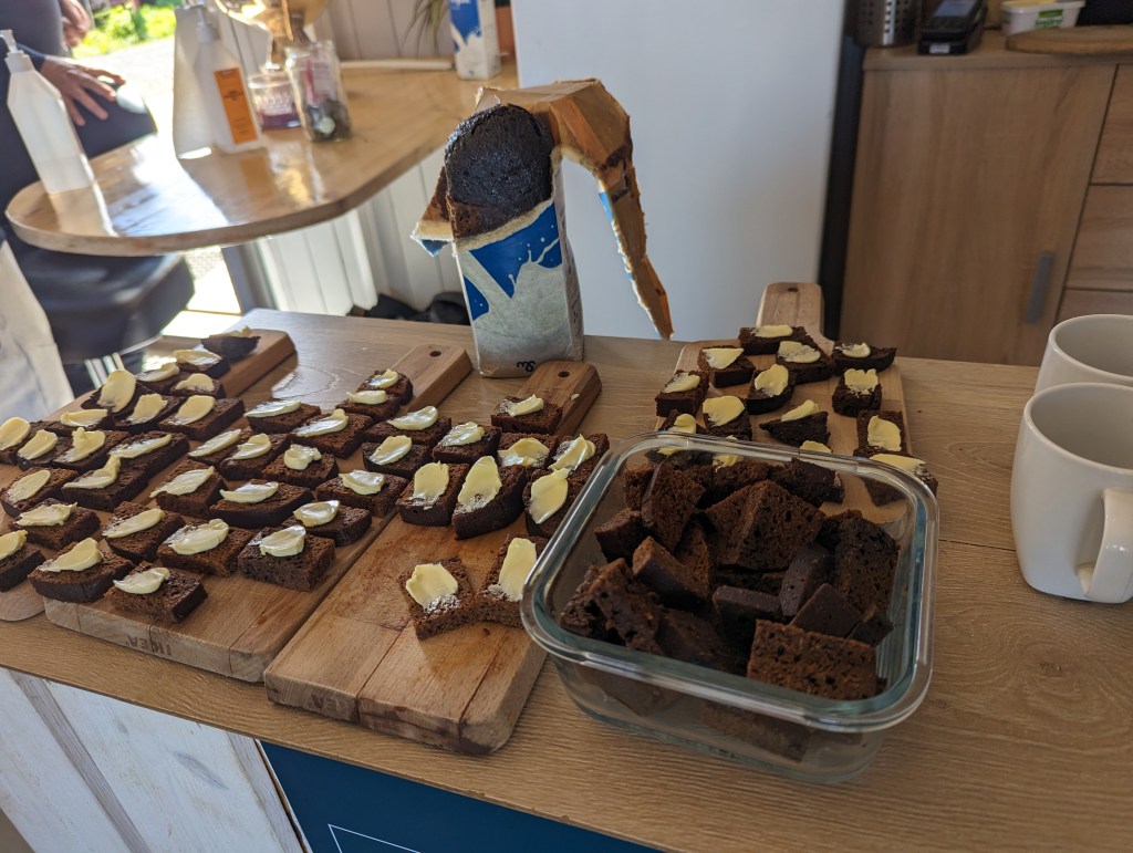 Bread samples smeared with butter at an Icelandic horse farm, 2023