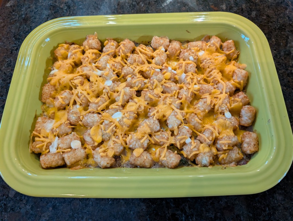 Tater tot casserole in a baking dish