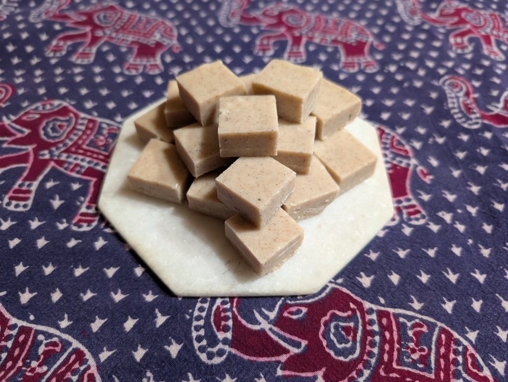 little squares of chai fudge on a small plate