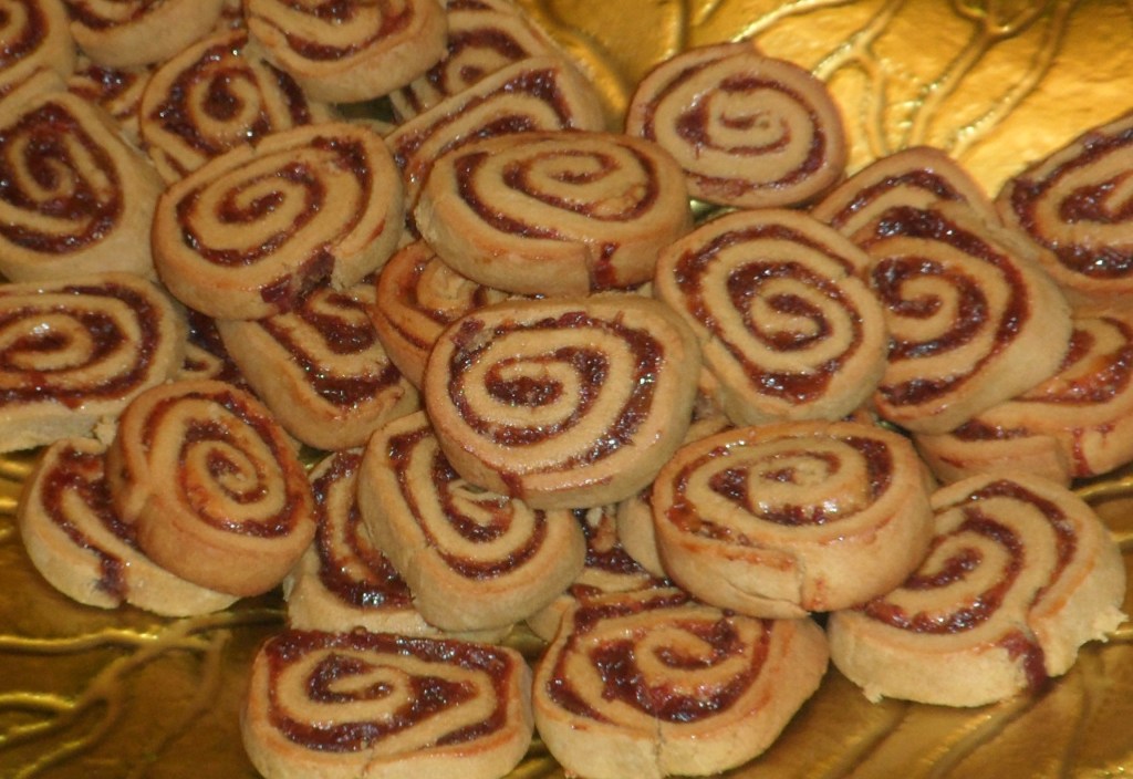 Date pinwheels on a gold platter. This is an older photo because I haven't remembered to take a better one in the past few years, so this is from my first attempt and the spirals are a little wonky.