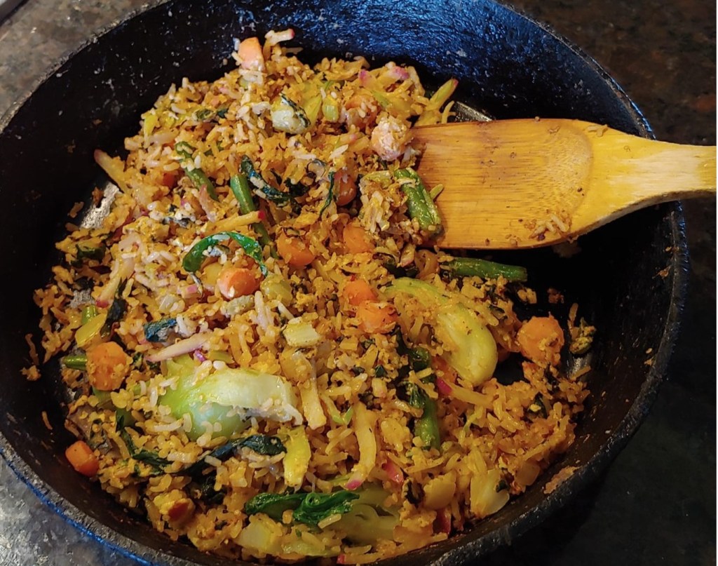 Vegetable fried rice in a skillet