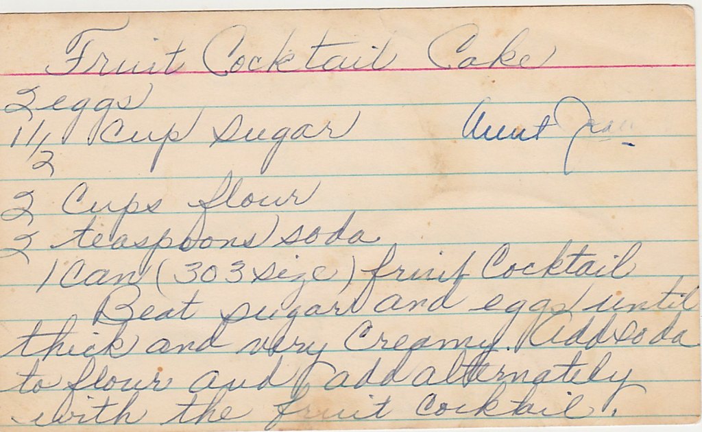 Front side of the fruit cocktail cake recipe card