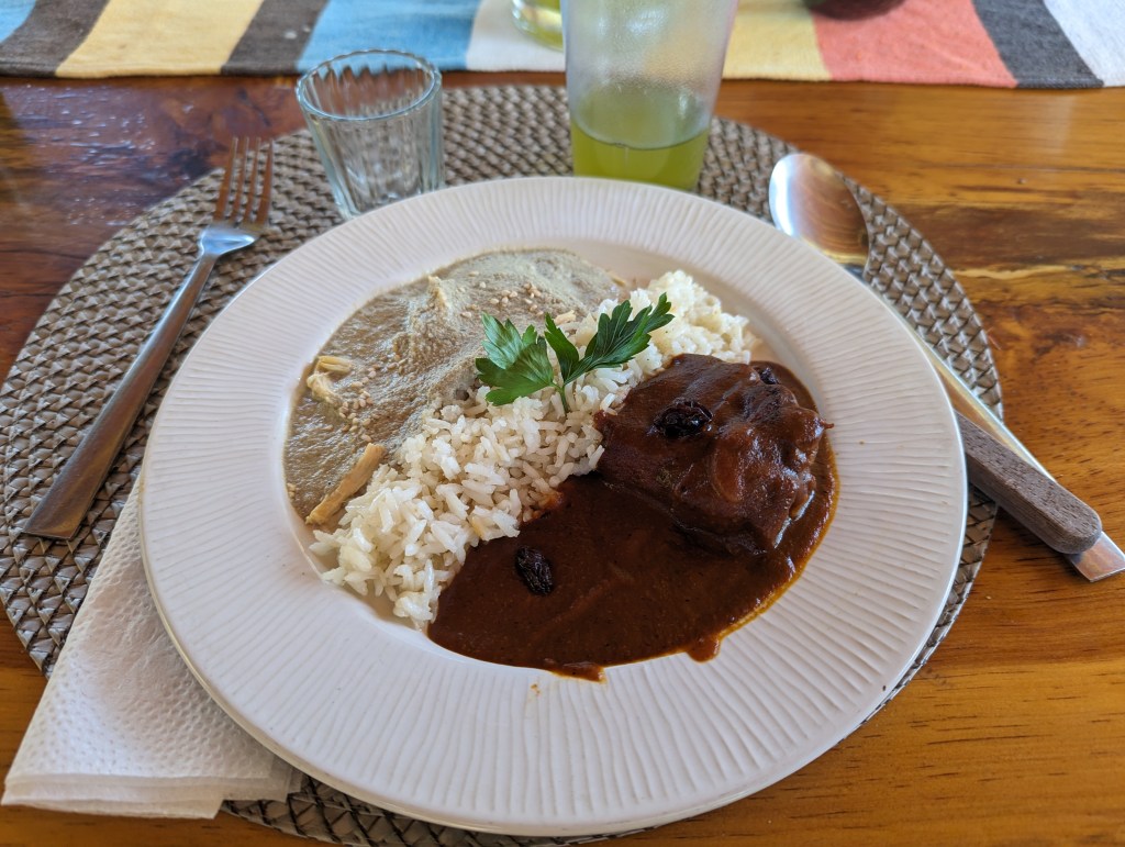 From left to right: mole pipian, Oaxacan rice, and mole coloradito on a plate