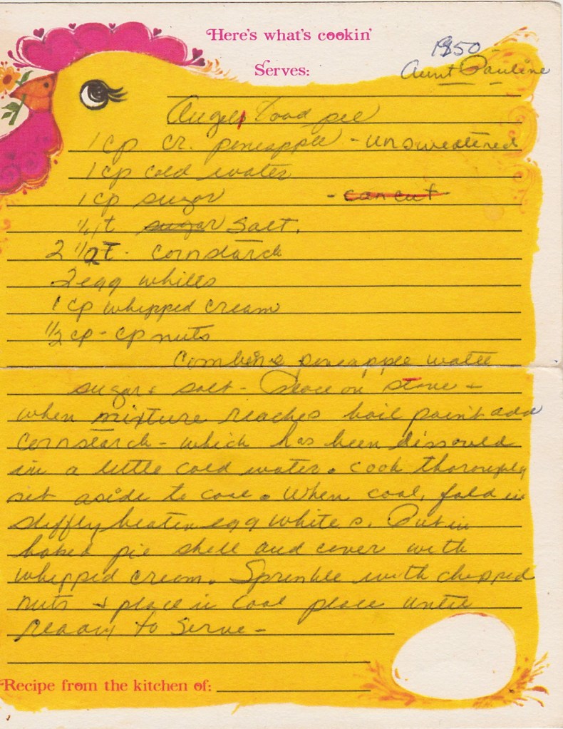 Original angel food pie recipe on recipe stationery