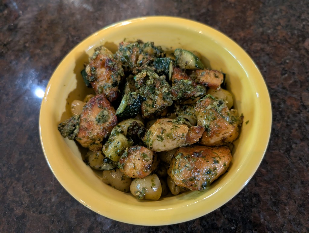 Pesto on chicken, zucchini, and shell pasta