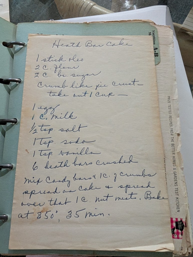 The original handwritten recipe for Heath Bar Cake