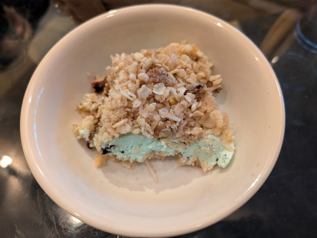 Mint Chocolate Chip ice cream made into this dessert, a small chunk served in a small bowl