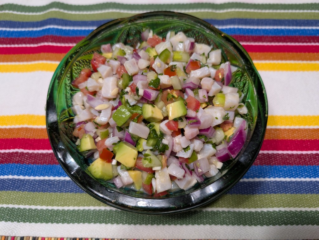 Ceviche in a glass serving dish