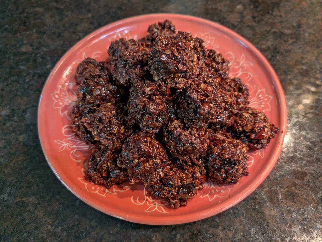 Funeral UFO No-Bake Cookies stacked onto a decorative plate, as you might find at a funeral potluck