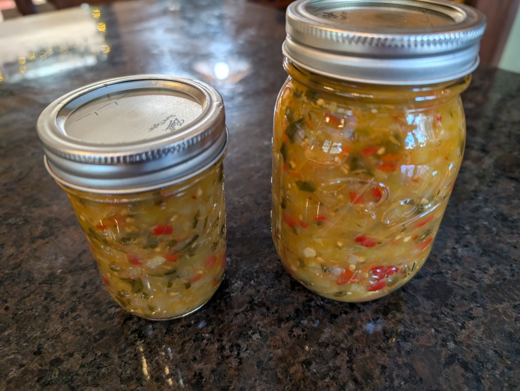 2 jars of green tomato relish, 1 pint and 1 half pint