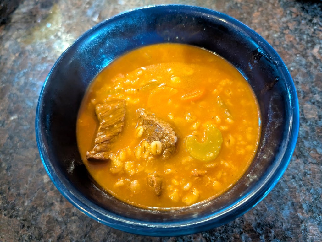 Beef Vegetable Soup in a ceramic bowl