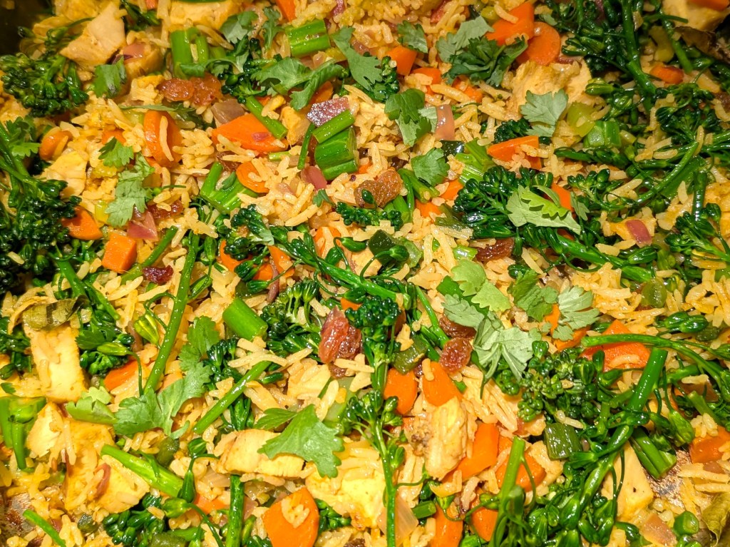 Close-up of Indian fried rice in the pan to hide my messy stove